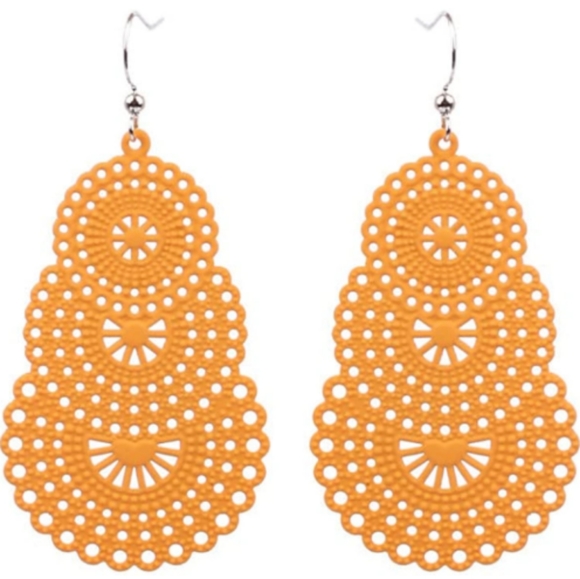 BOGO Tangerine Orange Bohemian Tiered Filigree Earrings Hollow Lace Metal New - Picture 1 of 5